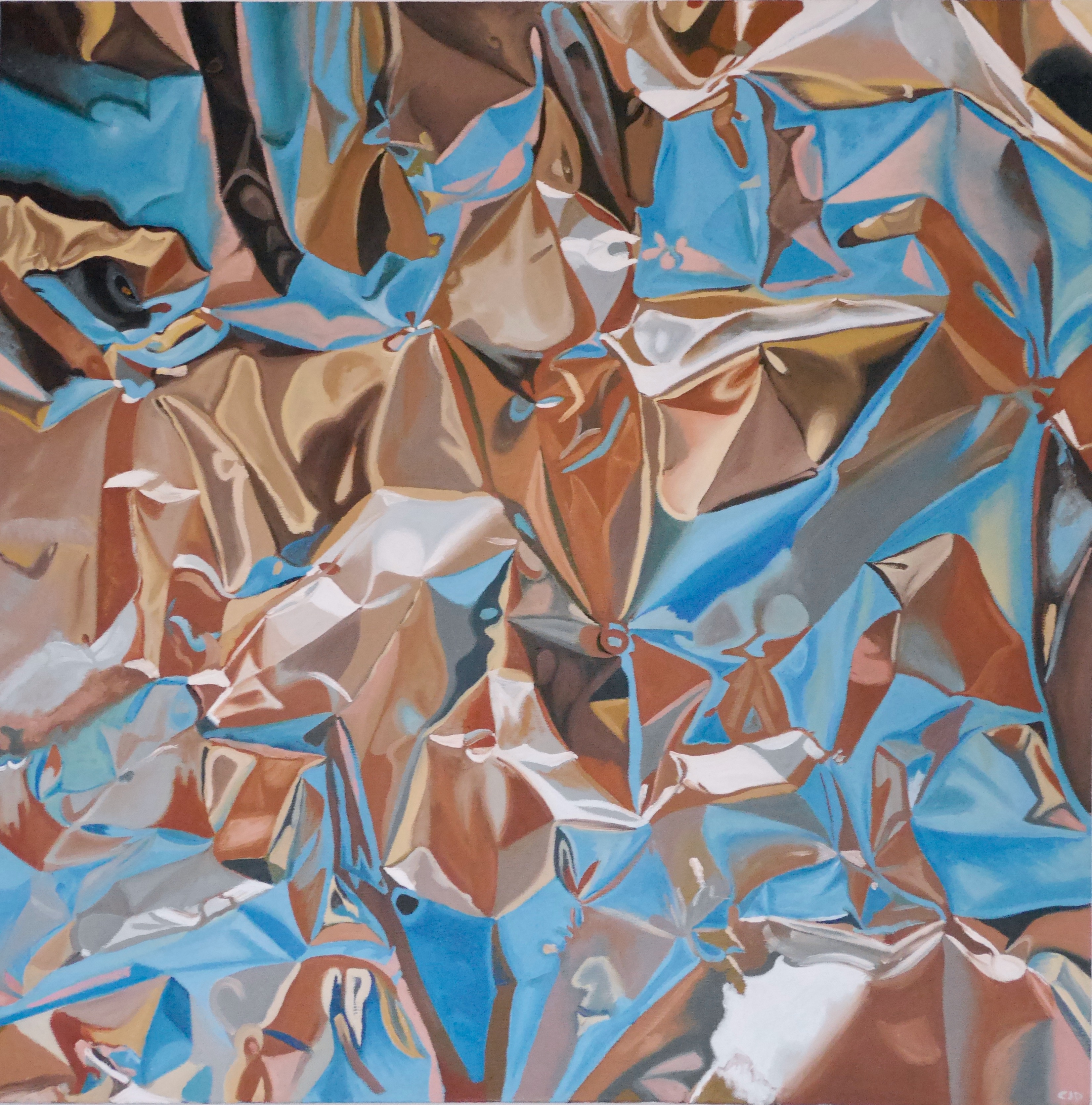 contemporary fine art oil painting of a crumpled reflective silver chrome surface in blue by saatchiart artist Christian Dodd