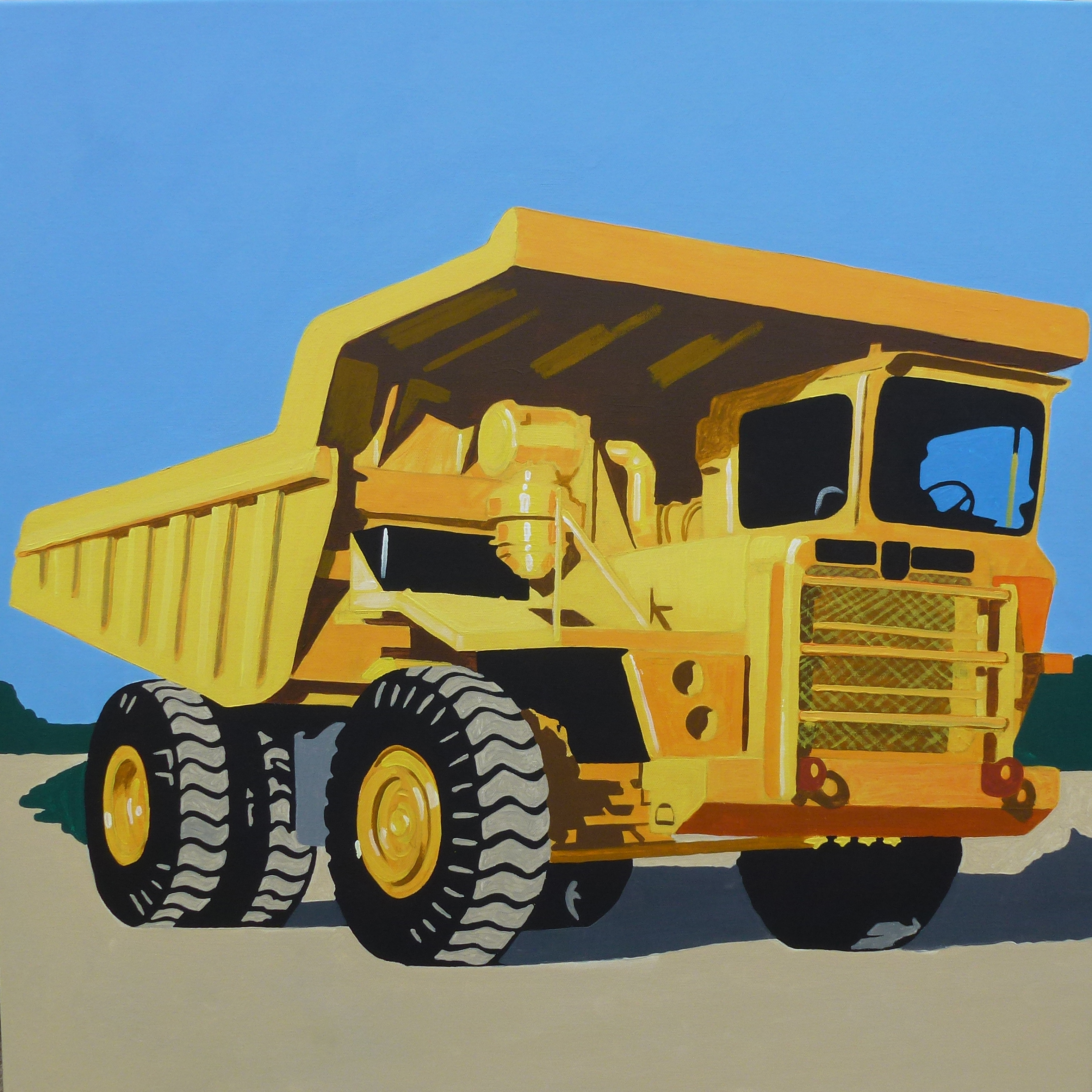 contemporary fine art acrylic painting of a yellow quarry truck in the style of Ladybird book illustrations by saatchiart artist Christian Dodd