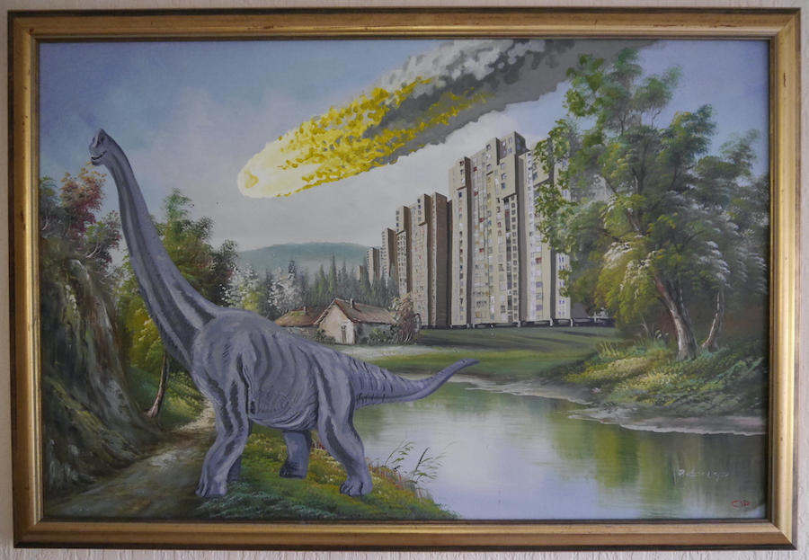 contemporary fine art upcycled painting of dinaosaur, asteroid and soviet residential tower block on recycled charity shop painting in the style of Bob Ross by saatchiart artist Christian Dodd