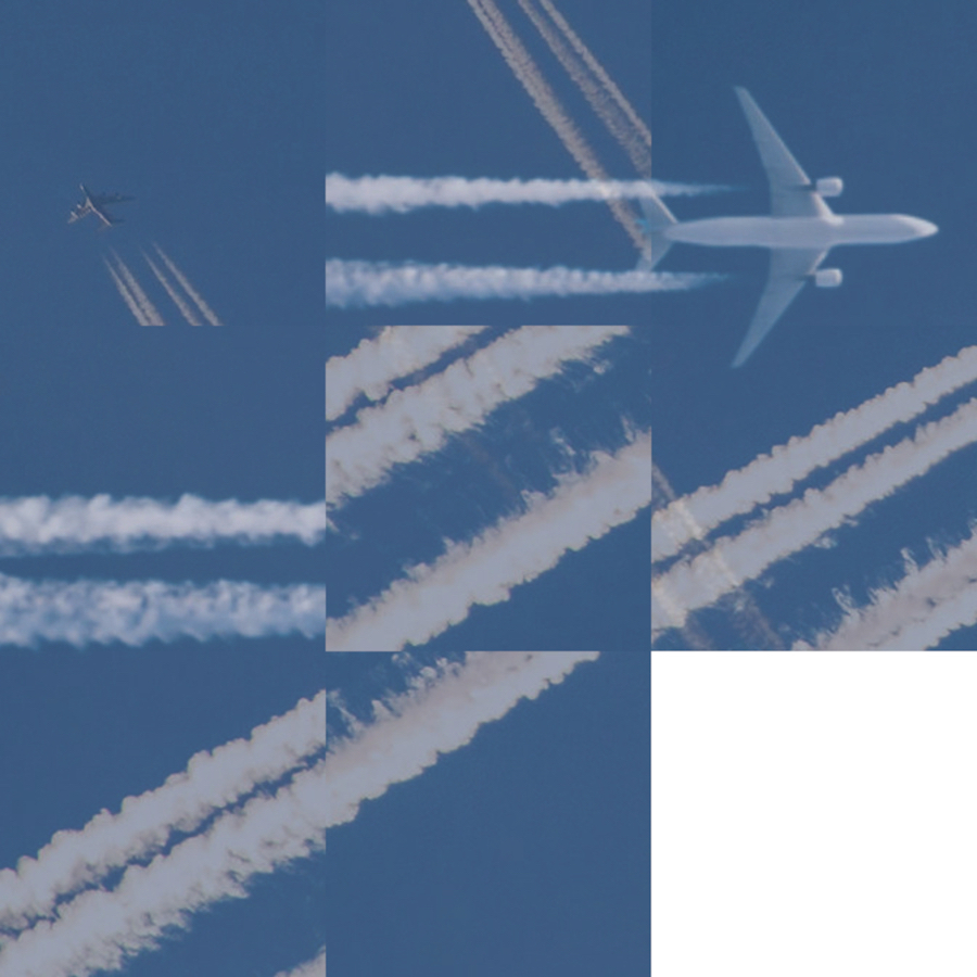 interactive contemporary fine art digital collage slide puzzle of aircraft con trails overlaid called Contrails by saatchiart artist Christian Dodd inspired by slide puzzles, esoterica and parallel realities