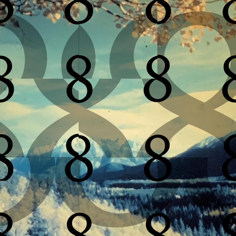interactive contemporary fine art digital collage slide puzzle of scenic vintage woodland and mountain scene and the number eight called Eight Eight by saatchiart artist Christian Dodd inspired by slide puzzles, esoterica, cryptography and Boards of Canada