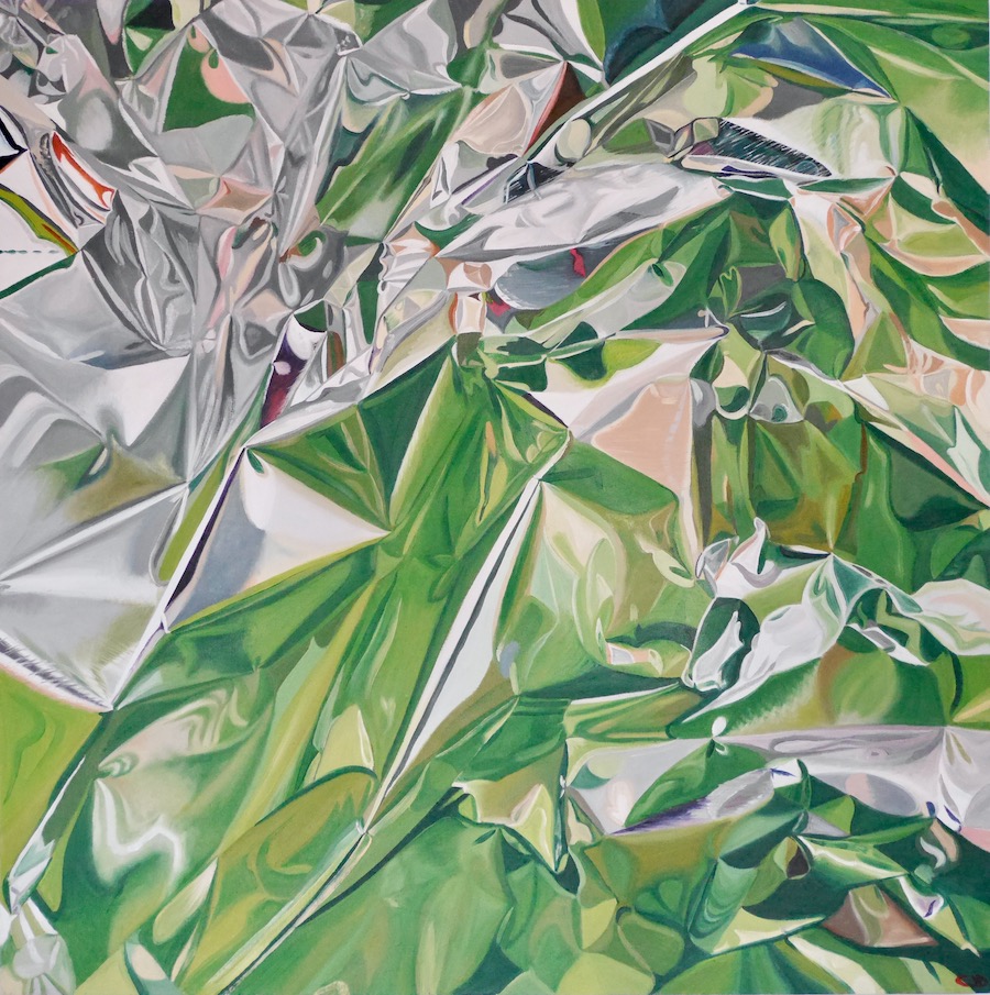 contemporary fine art oil painting of a crumpled reflective silver chrome surface in green by saatchiart artist Christian Dodd
