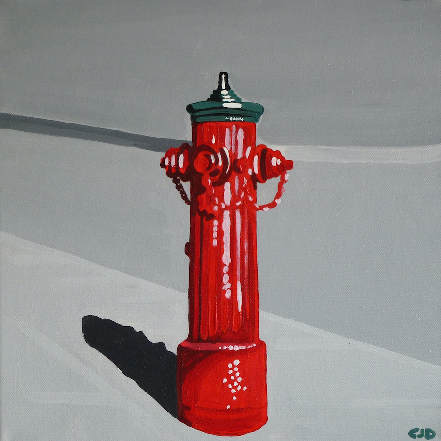 contemporary fine art acrylic painting of a north american fire hydrant in the style of Ladybird book illustrations by saatchiart artist Christian Dodd