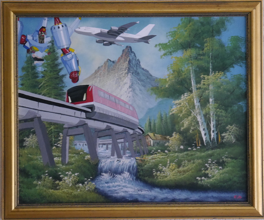 contemporary fine art upcycled painting of monorail, Arc Gurren Lagan and an Airbus A 380 on recycled charity shop painting in the style of Bob Ross by saatchiart artist Christian Dodd