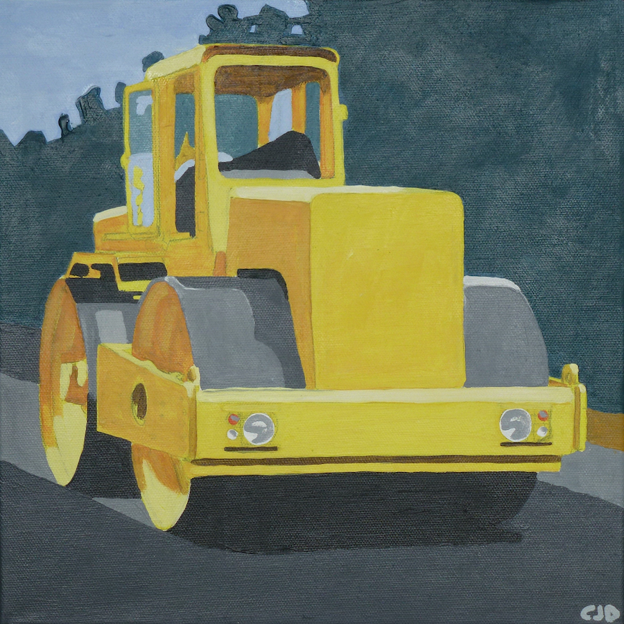 contemporary fine art acrylic painting of a heavy plant yellow road roller in the style of Ladybird book illustrations by saatchiart artist Christian Dodd