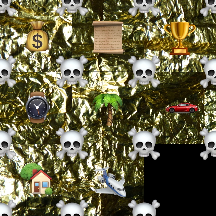 interactive contemporary fine art digital collage slide puzzle of skulls, gold and emojis called Life Goals by saatchiart artist Christian Dodd inspired by slide puzzles, motivations, aspirations and memento mori