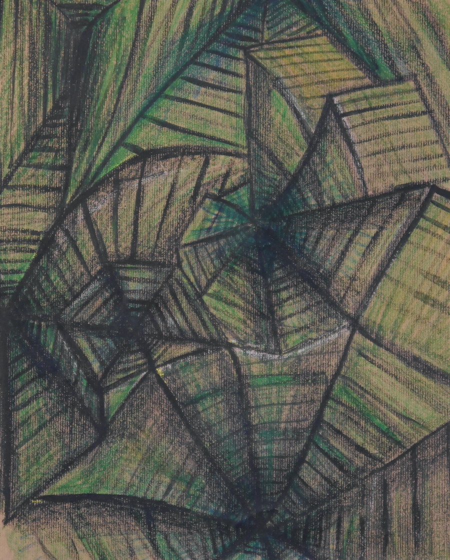 contemporary fine art pastel drawing of a folded pyramid surface in green by saatchiart artist Christian Dodd