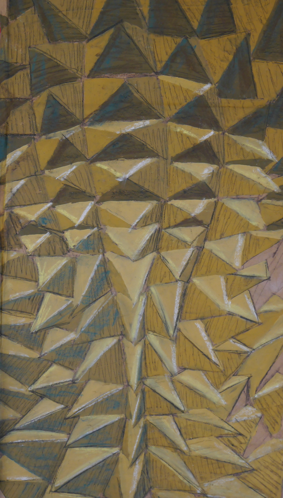 contemporary fine art pastel drawing of a folded pyramid surface in ochre by saatchiart artist Christian Dodd