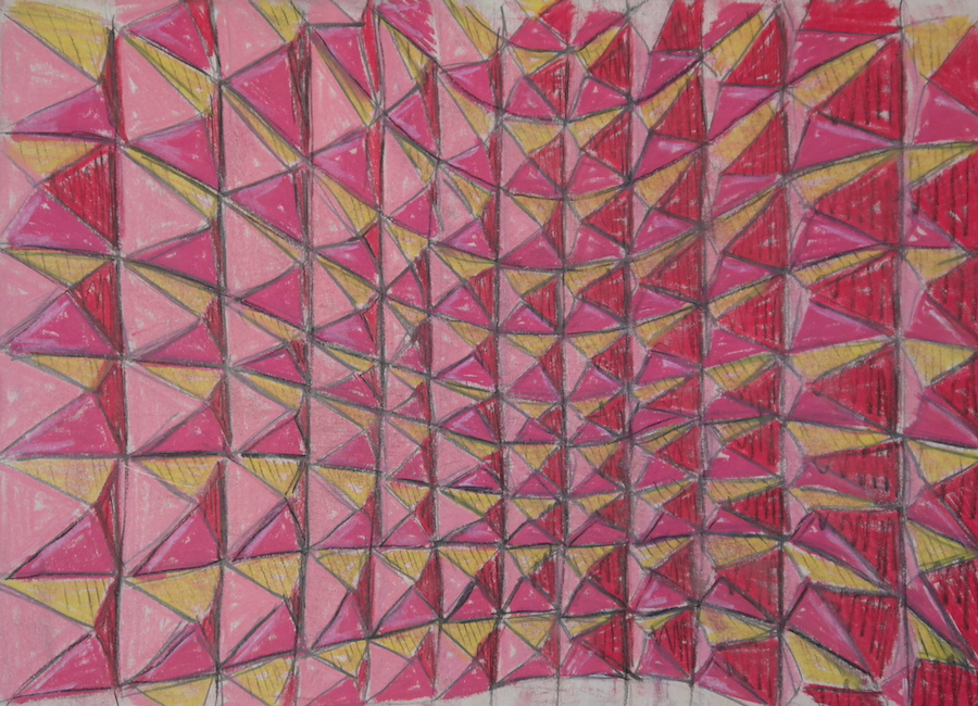 contemporary fine art pastel drawing of a folded pyramid surface in pink by saatchiart artist Christian Dodd