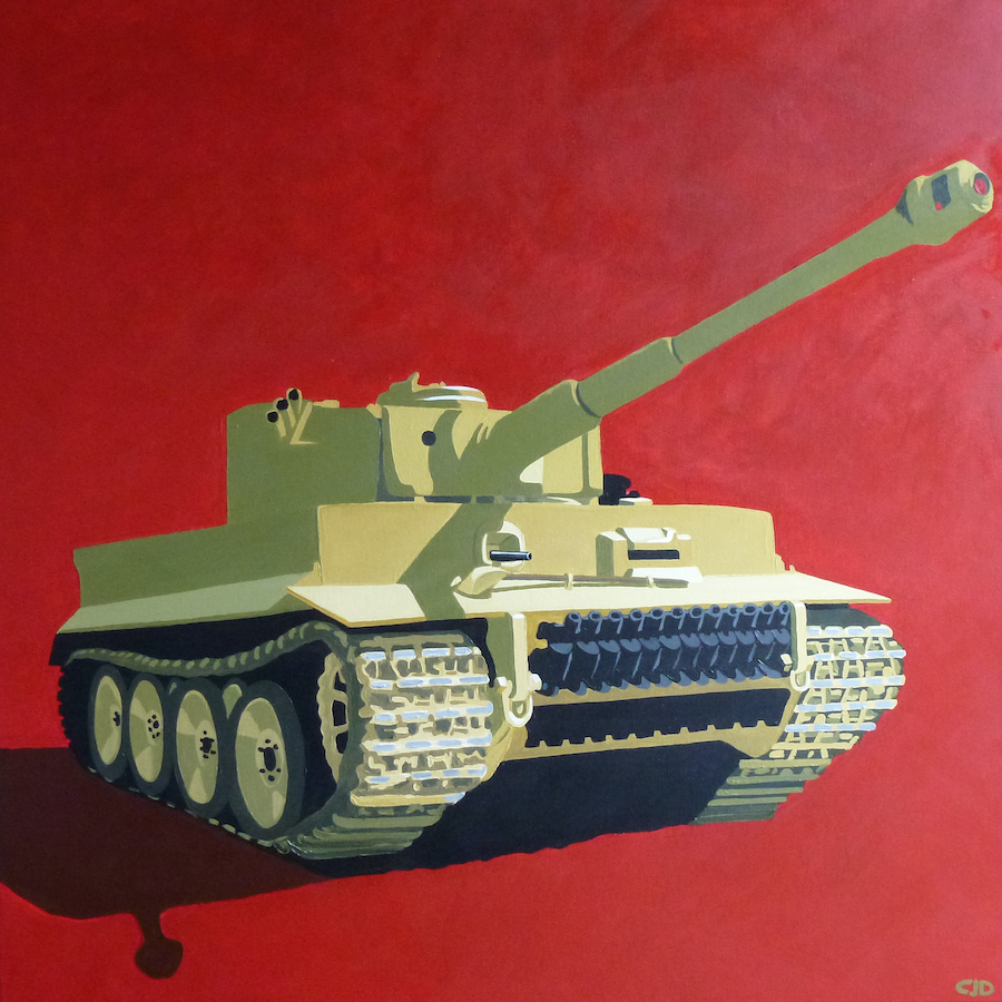 contemporary fine art acrylic painting of a world war one erman tiger tank in the style of Ladybird book illustrations by saatchiart artist Christian Dodd