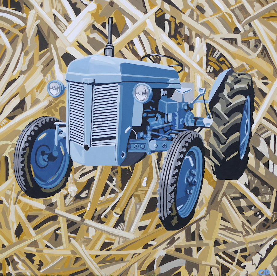 contemporary fine art acrylic painting of a tractor in the style of Ladybird book illustrations by saatchiart artist Christian Dodd